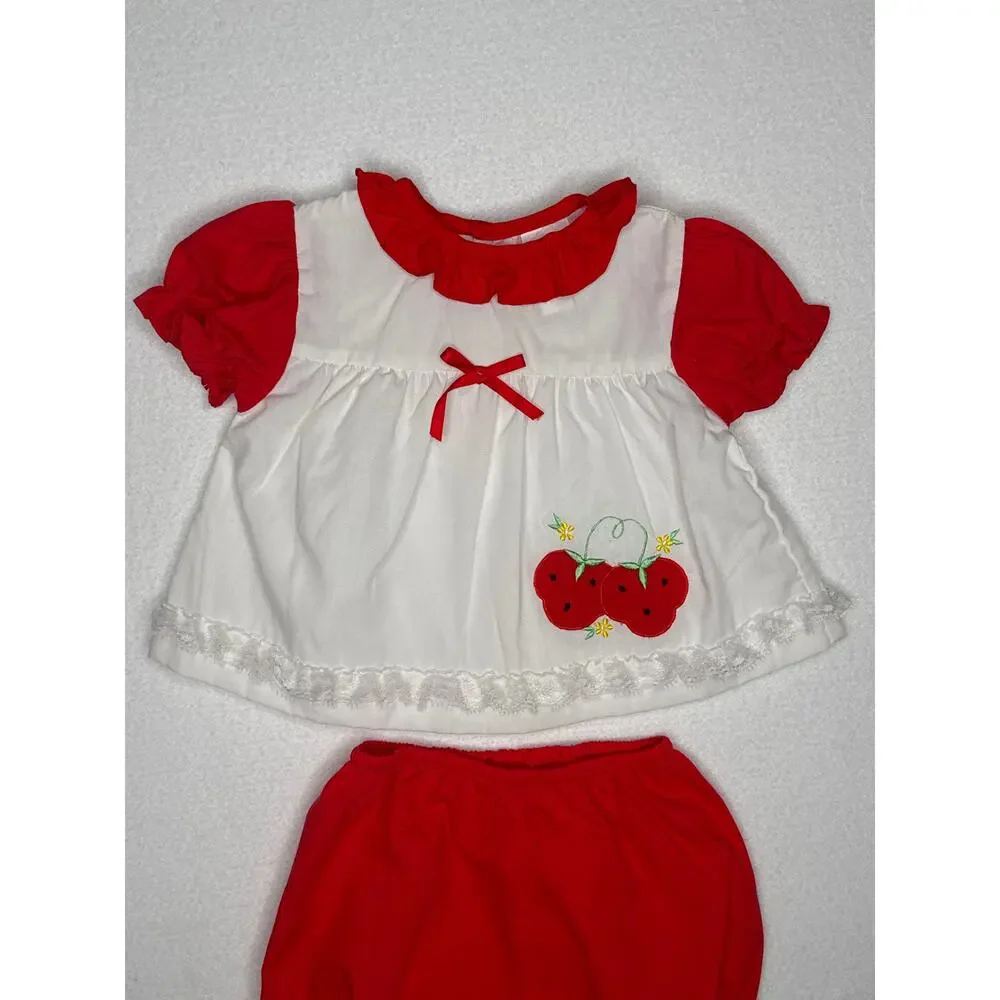 Vintage 1990s Cherry Embroidered Baby Outfit Bloomer Set 6–9M